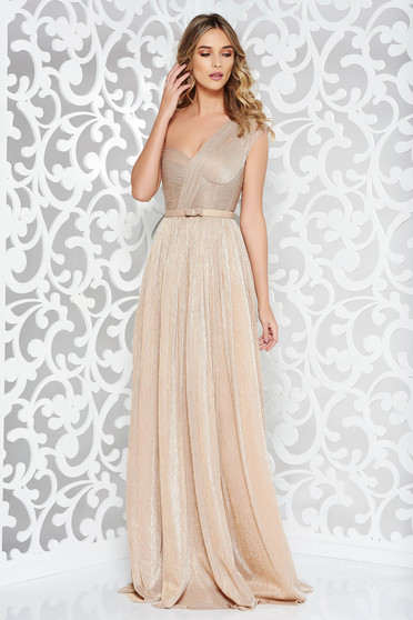 Ana Radu gold luxurious dress with inside lining accessorized with tied waistband shimmery metallic fabric
