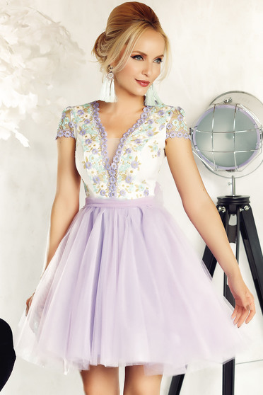 Fofy lila occasional cloche dress from tulle with embroidery details with inside lining