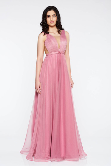 Ana Radu lightpink dress accessorized with tied waistband from tulle with deep cleavage with inside lining luxurious