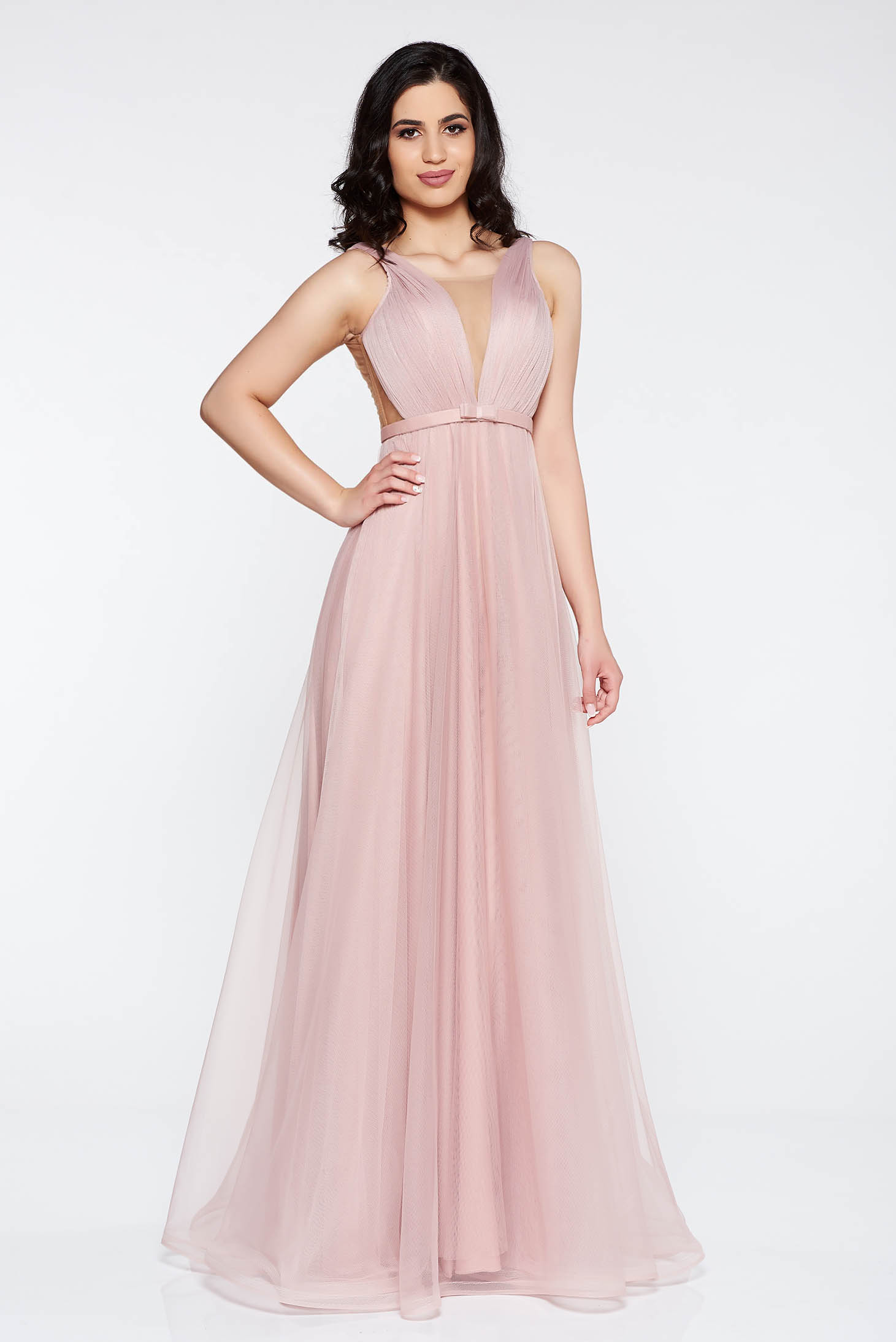 Rózsaszínű Ana Radu luxus ruha tüllből övvel ellátva mély dekoltázzsal és béléssel 1 - StarShinerS.hu