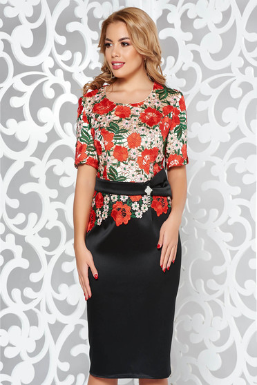 Black elegant lady set from satin fabric texture with inside lining with embroidery details with tented cut