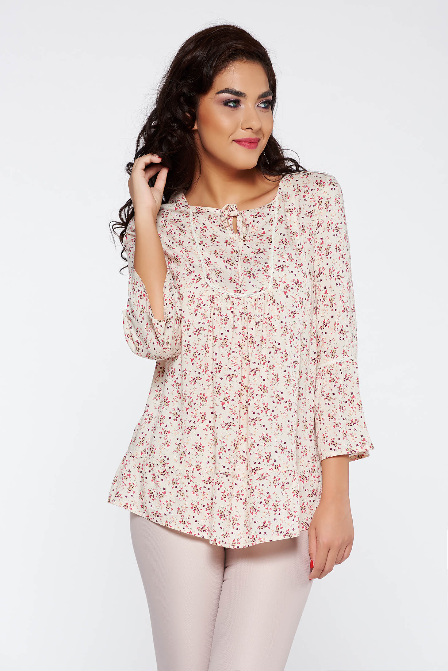 Casual 3/4 sleeve thin fabric flared with floral print rosa women`s blouse