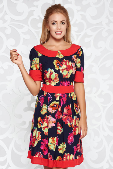 Red office cloche dress nonelastic fabric with floral prints with round collar