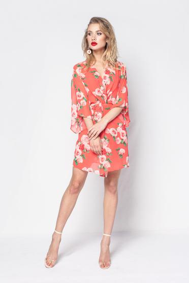 PrettyGirl red elegant dress transparent chiffon fabric with floral prints with inside lining