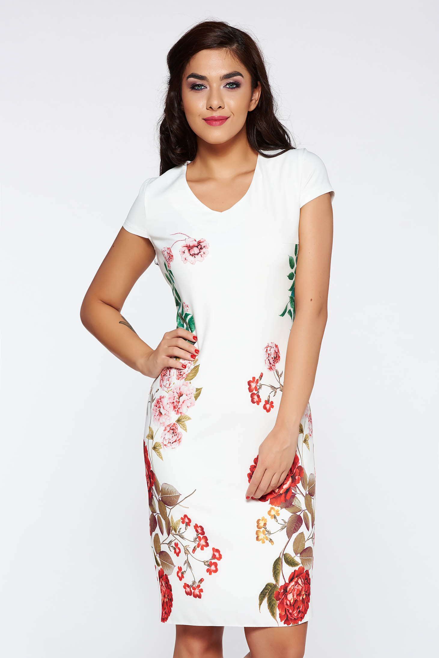 White elegant dress short sleeve midi with floral print with inside lining