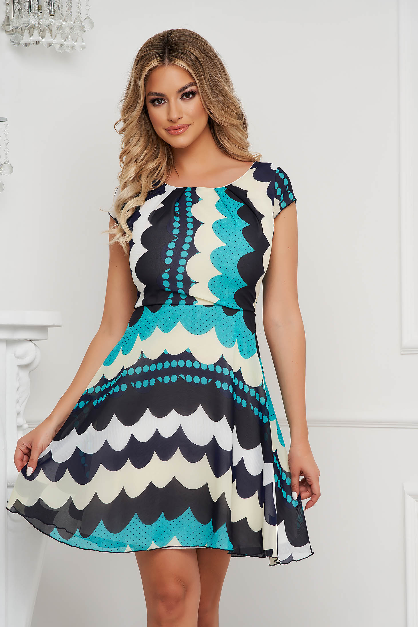 Turquoise daily cloche dress airy fabric nonelastic fabric with inside lining