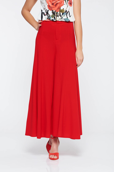 Red elegant flaring cut high waisted trousers airy fabric