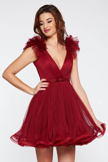 Ana Radu burgundy luxurious cloche dress from tulle with inside lining with deep cleavage