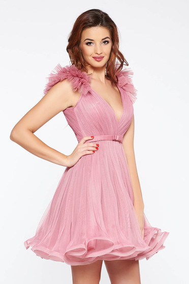 Ana Radu rosa luxurious cloche dress from tulle with inside lining with deep cleavage