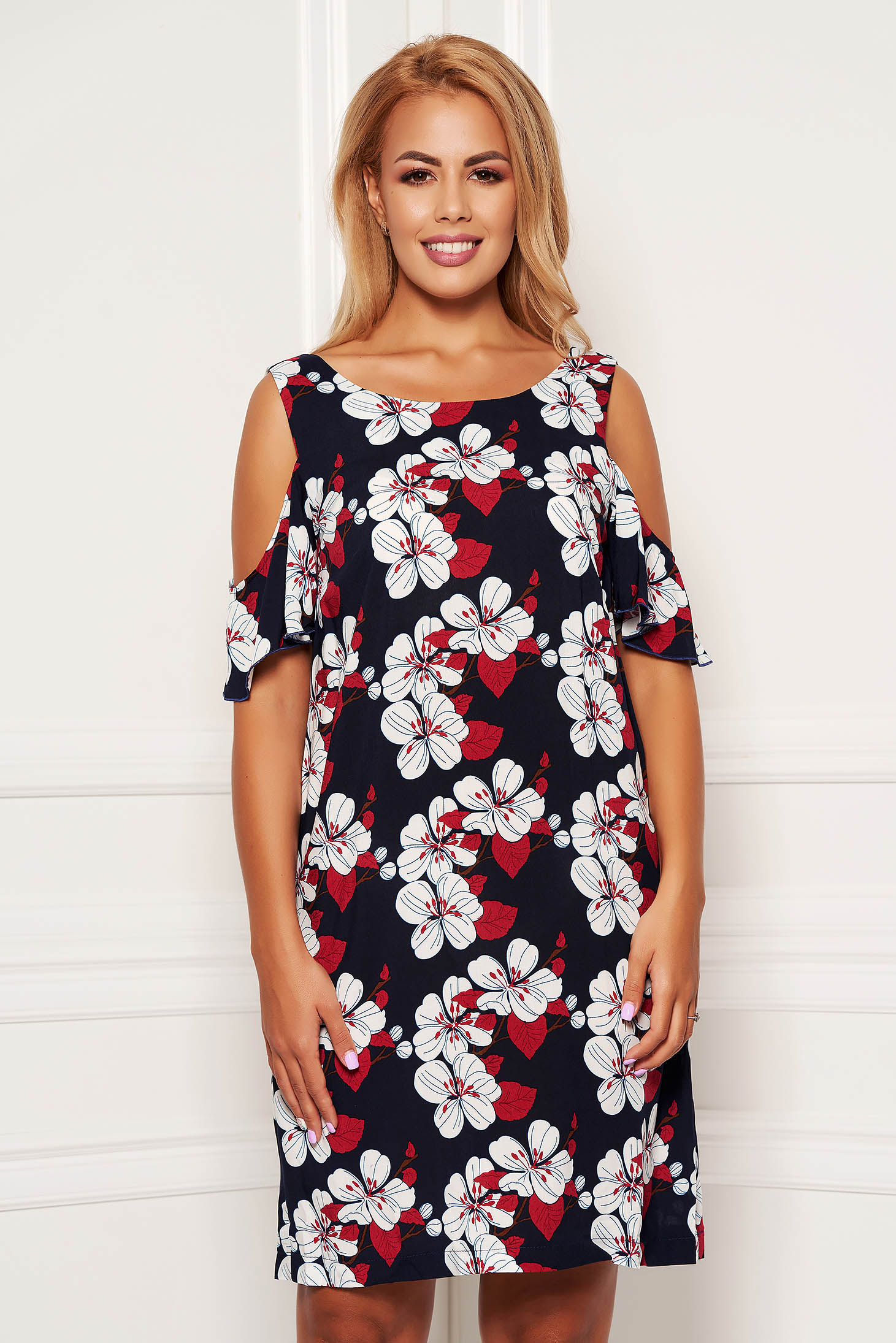 Rochie StarShinerS albastra-inchis casual cu croi larg din material vaporos cu umeri decupati