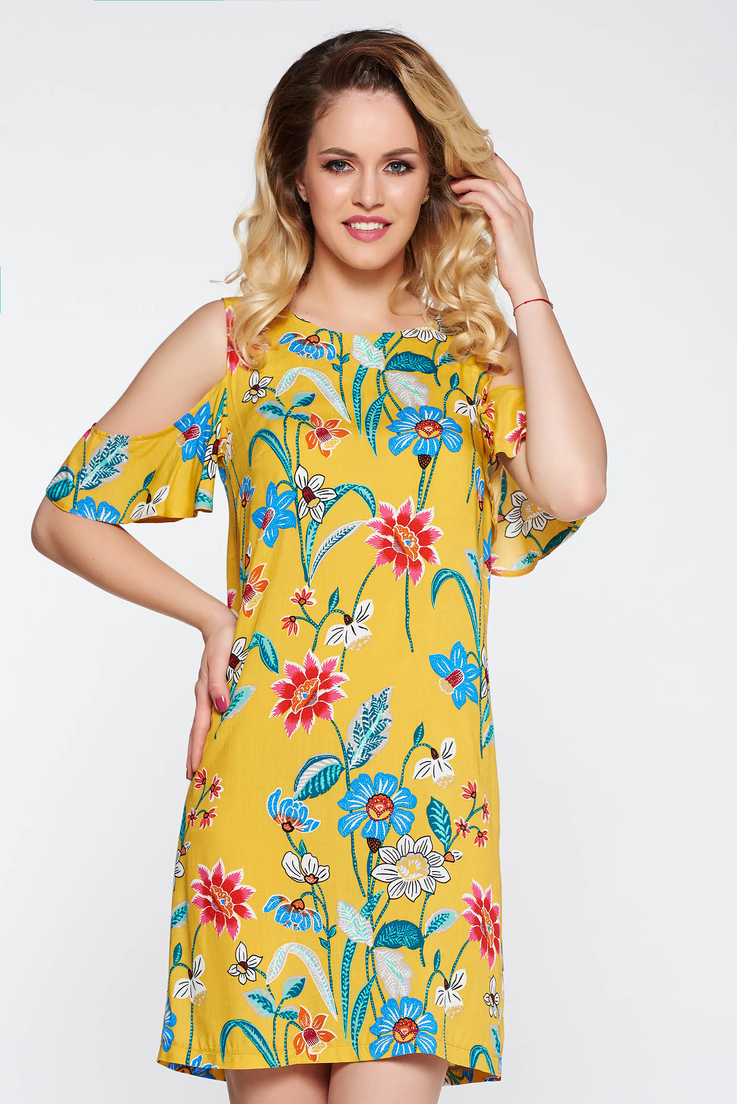 StarShinerS yellow casual flared dress airy fabric both shoulders cut out