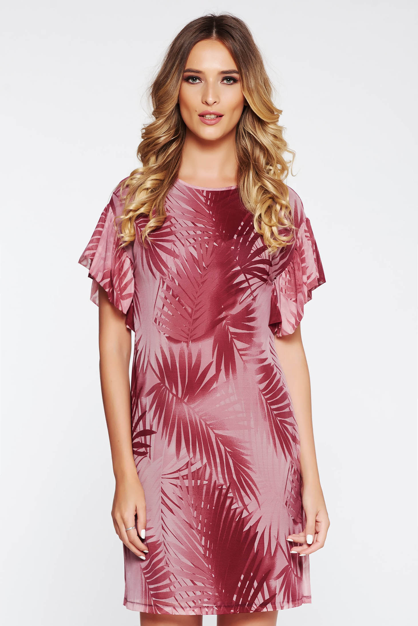 Rochie StarShinerS visinie de zi cu croi larg din material transparent captusita pe interior cu volanase la maneca