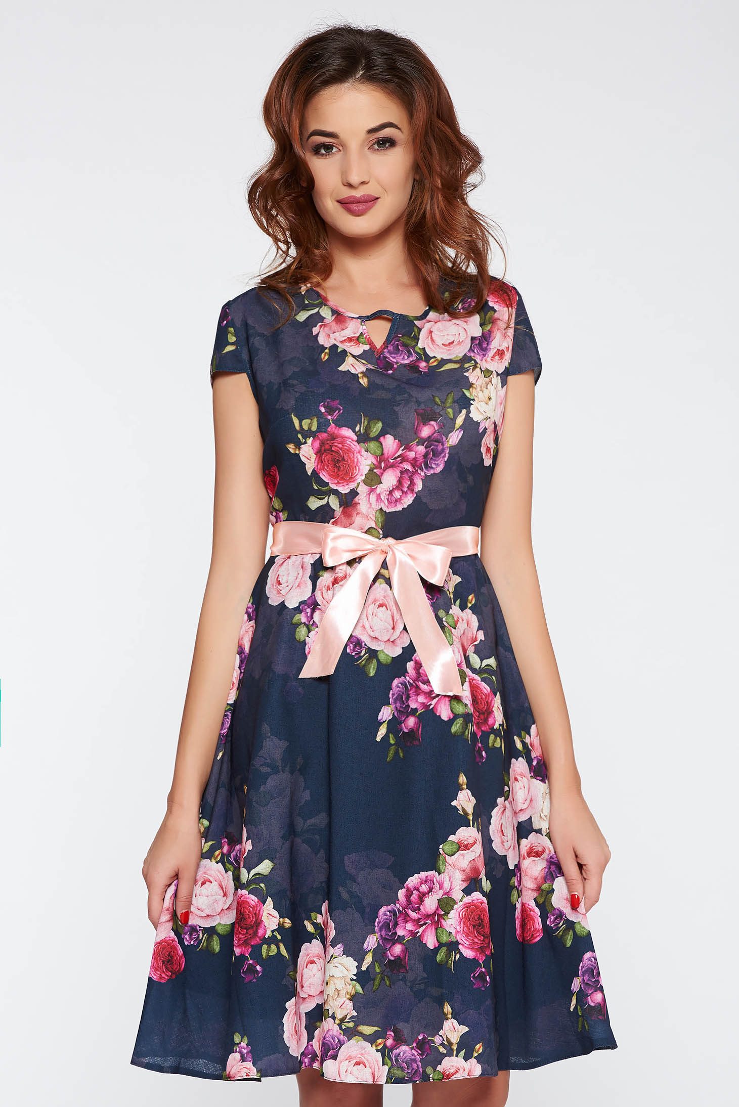 Darkblue elegant flaring cut dress with floral prints thin fabric ...
