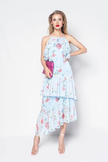 PrettyGirl lightblue casual with ruffle details with easy cut dress both shoulders cut out