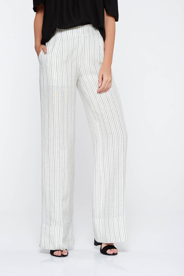 PrettyGirl white trousers casual flaring cut nonelastic fabric high waisted with pockets