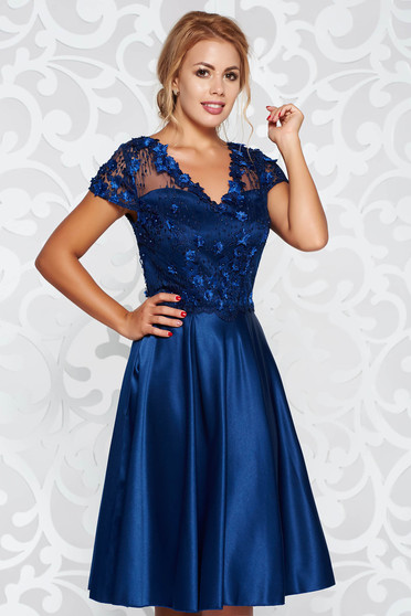 Darkblue occasional flaring cut dress from satin fabric texture with small beads embellished details