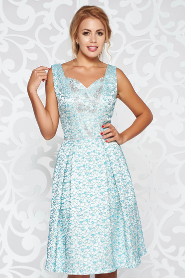 Lightblue occasional flaring cut dress from jacquard with crystal embellished details