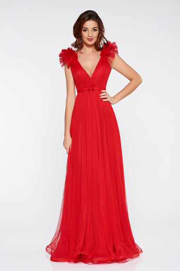 Ana Radu red luxurious dress from tulle with inside lining with deep cleavage with push-up cups