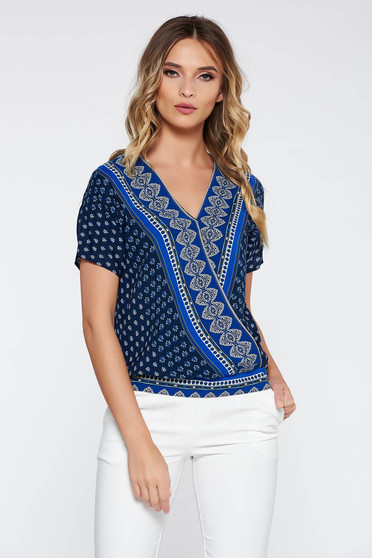 Darkblue elegant flared women`s blouse airy fabric with v-neckline