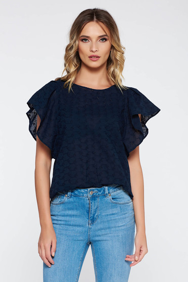 Darkblue casual flared women`s blouse nonelastic cotton short cut with ruffled sleeves