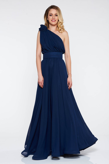 Darkblue Ana Radu luxurious cloche dress from veil fabric with inside lining accessorized with tied waistband long