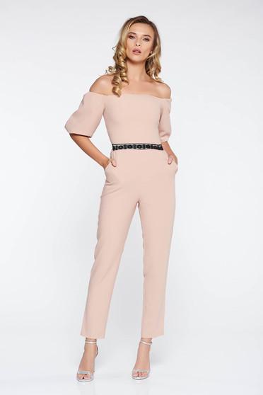 StarShinerS cream elegant on the shoulders jumpsuit slightly elastic fabric with tented cut with lace details