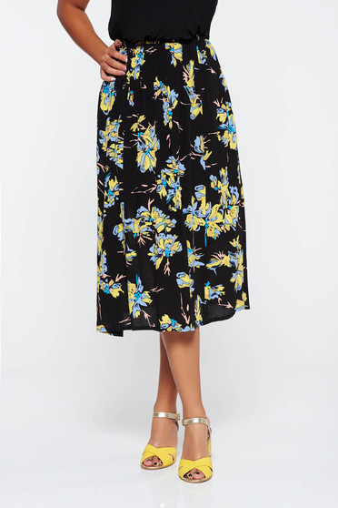 Black flaring cut high waisted skirt airy fabric with floral prints