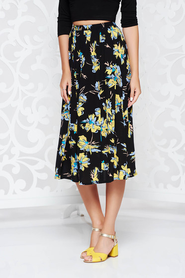Black flaring cut high waisted skirt airy fabric with floral prints