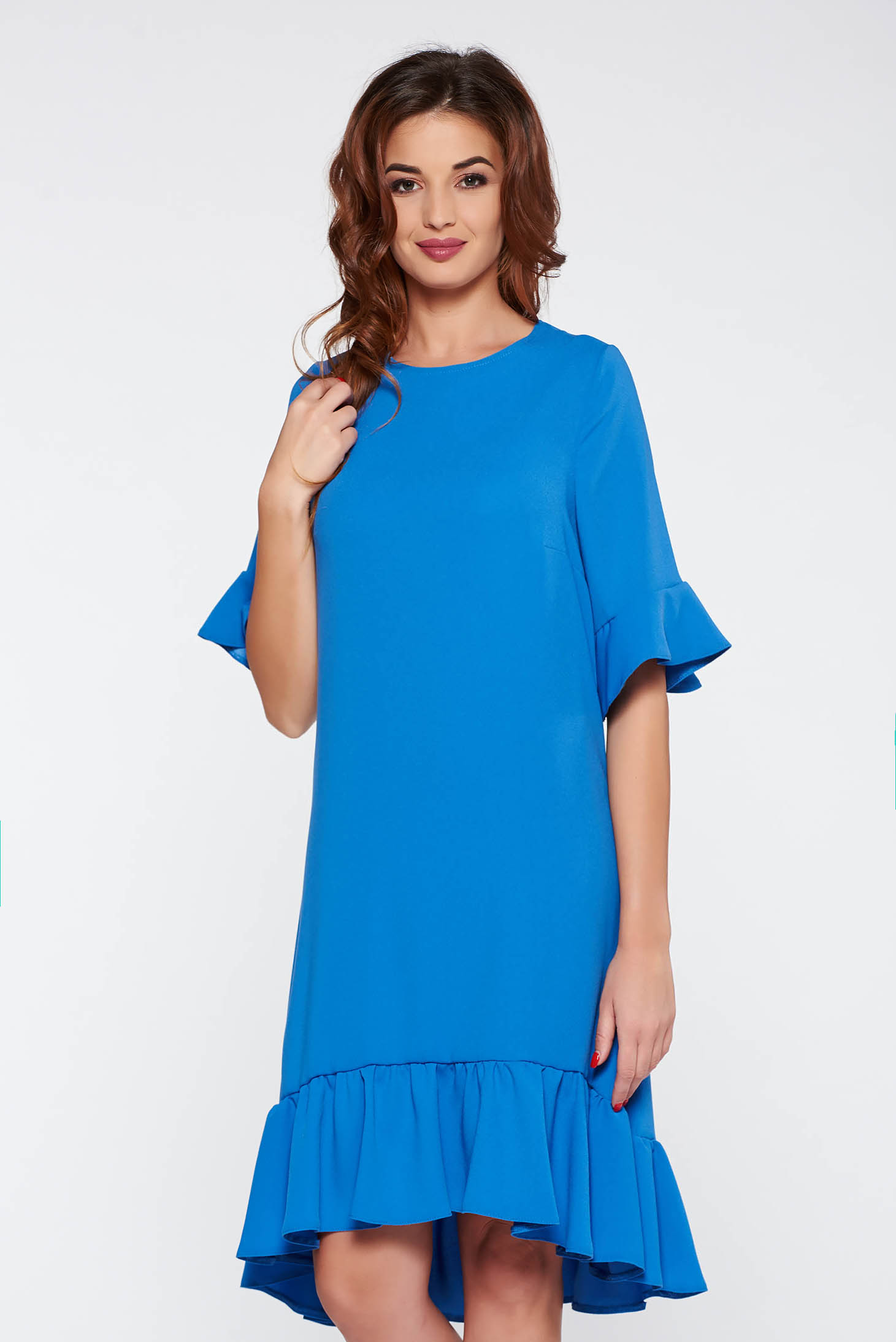 Rochie StarShinerS albastra de zi cu croi larg din stofa usor elastica cu volanase