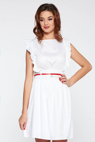 PrettyGirl white casual dress nonelastic cotton with ruffle details accessorized with belt