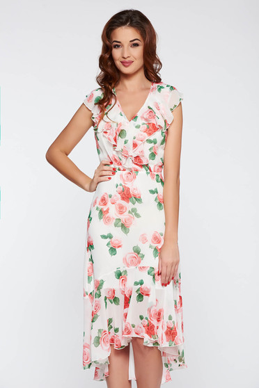PrettyGirl white daily asymmetrical dress transparent chiffon fabric with inside lining with ruffles on the chest