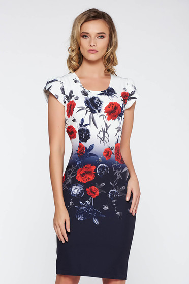 Darkblue elegant midi pencil dress slightly elastic fabric with floral prints