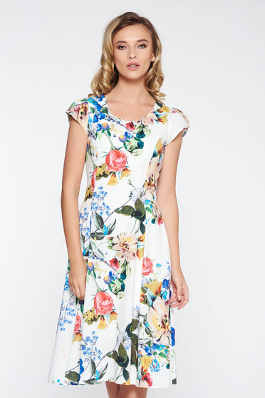 White elegant dress slightly elastic fabric with inside lining with floral prints