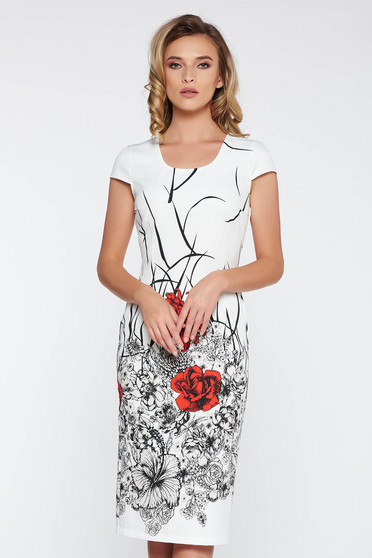 White office midi dress with tented cut slightly elastic fabric with floral prints
