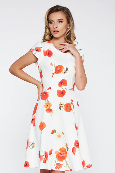 White elegant cloche dress short sleeves slightly elastic fabric with floral prints