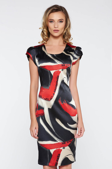 Black elegant midi pencil dress from satin fabric texture with graphic print
