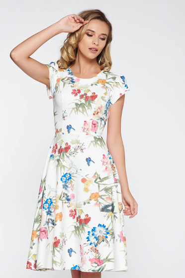 White elegant cloche dress thin fabric slightly elastic fabric with floral prints