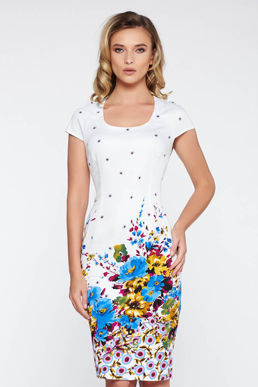 White office midi pencil dress elastic cotton with floral prints