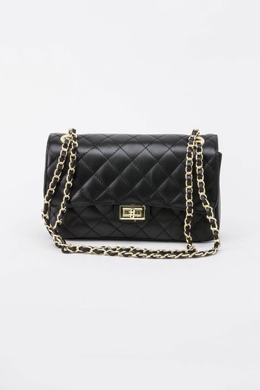 Black bag natural leather long chain handle