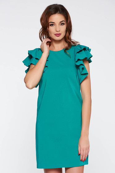 PrettyGirl green daily a-line dress slightly elastic fabric with inside lining with ruffled sleeves