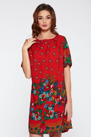 Red elegant flared dress with floral prints thin fabric