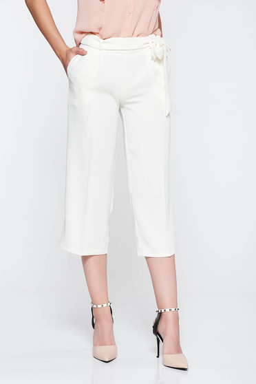 PrettyGirl white high waisted flaring cut trousers accessorized with tied waistband