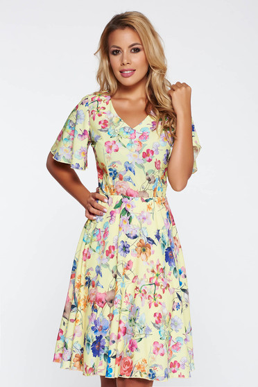 Yellow elegant daily cloche dress with floral prints with elastic waist