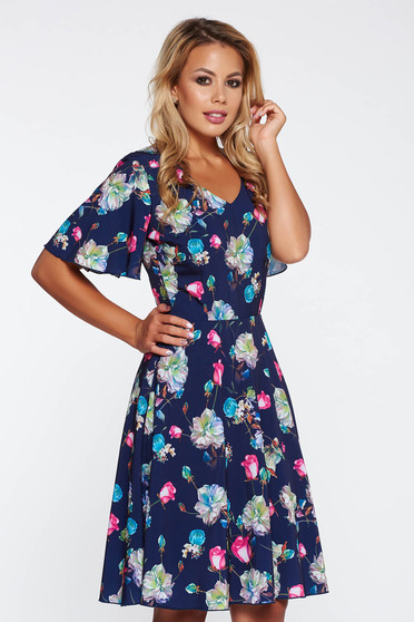 Darkblue elegant daily cloche dress with floral prints with elastic waist
