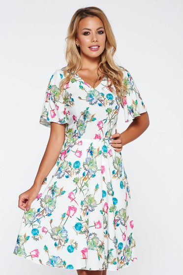 White elegant daily cloche dress with floral prints with elastic waist