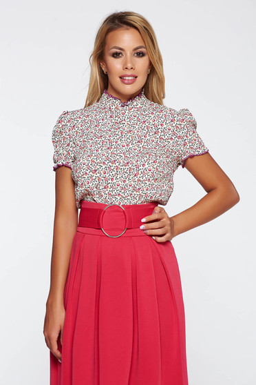 Purple thin fabric flared women`s blouse elegant with floral prints