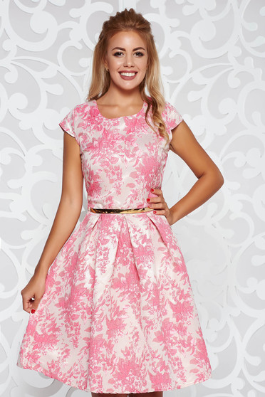 Pink occasional cloche dress with inside lining accessorized with tied waistband from jacquard