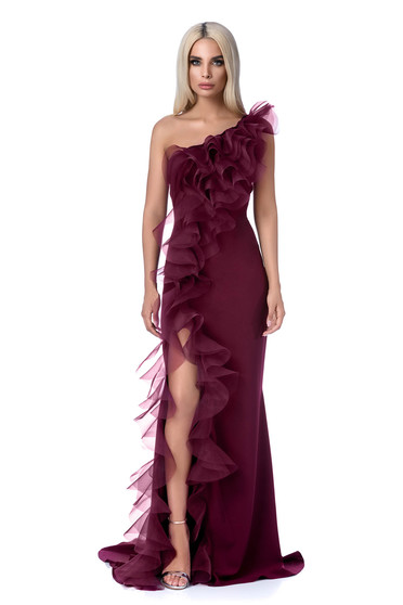 Ana Radu burgundy occasional dress with tented cut soft fabric with ruffle details long