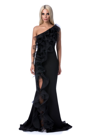 Ana Radu black occasional dress with tented cut soft fabric with ruffle details long