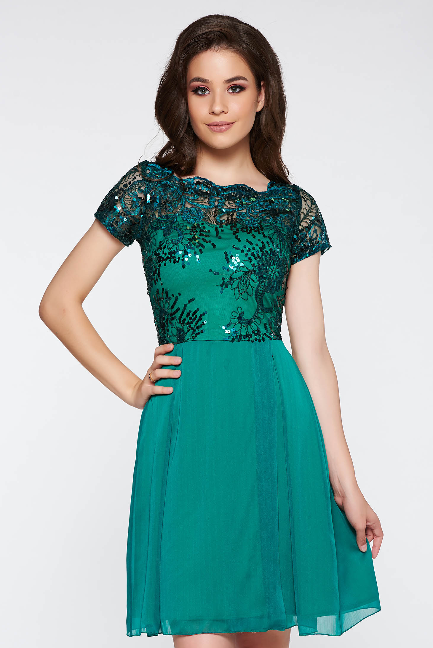 Green occasional cloche dress from laced fabric with sequin embellished ...